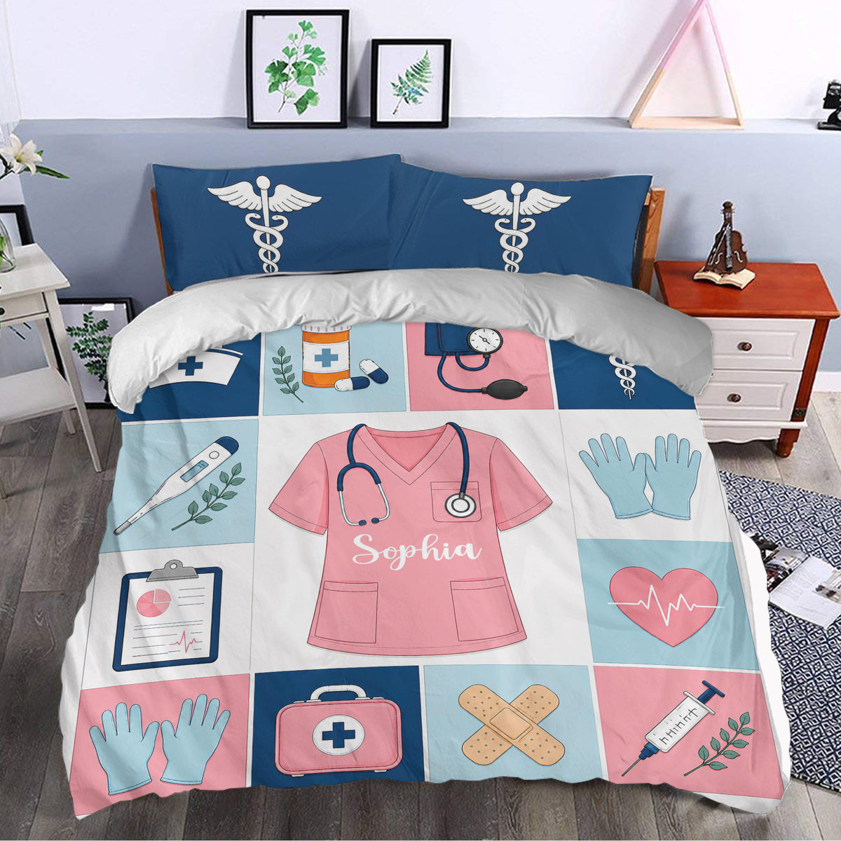Nurse duvet cover set styled in a bedroom with caduceus symbols, scrubs, stethoscope, gloves, and medical tools