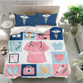 Medical nurse bedding set presented in a bright bedroom with caduceus pillowcases and colorful healthcare artwork