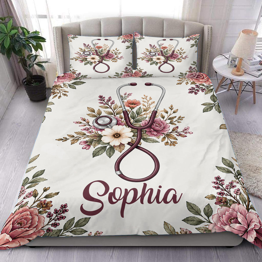 Nurse duvet cover set with floral stethoscope artwork styled on a modern bedroom bed
