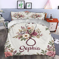Nurse duvet cover bedding set styled in a bedroom with floral stethoscope artwork