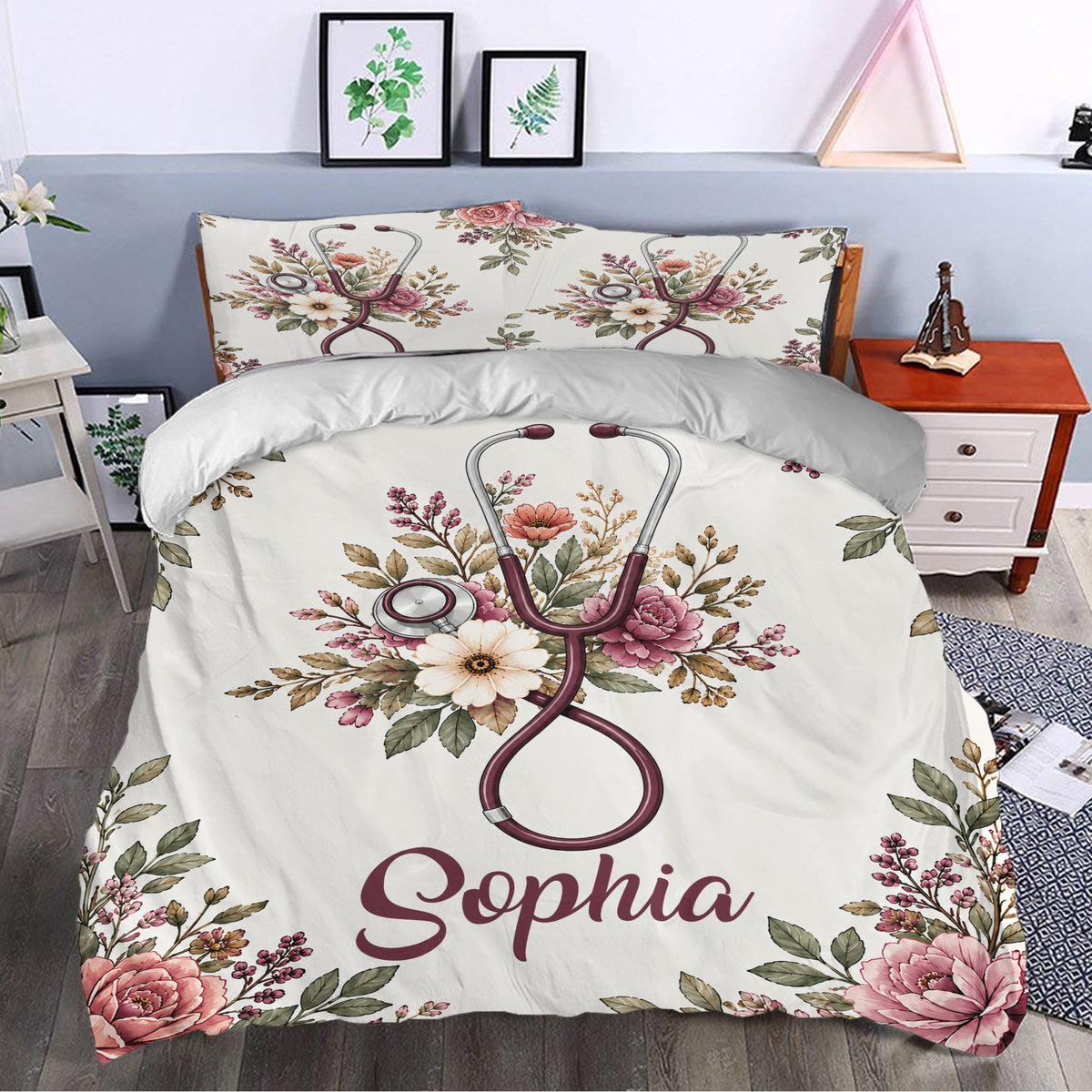 Nurse duvet cover bedding set styled in a bedroom with floral stethoscope artwork