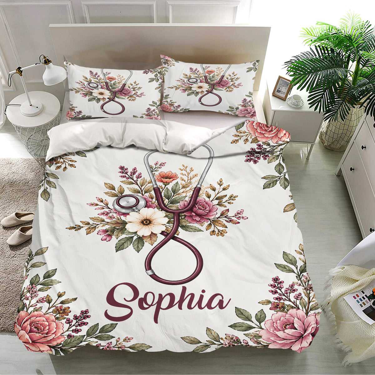 Floral nurse duvet cover set displayed on a bright bedroom bed with matching pillowcases