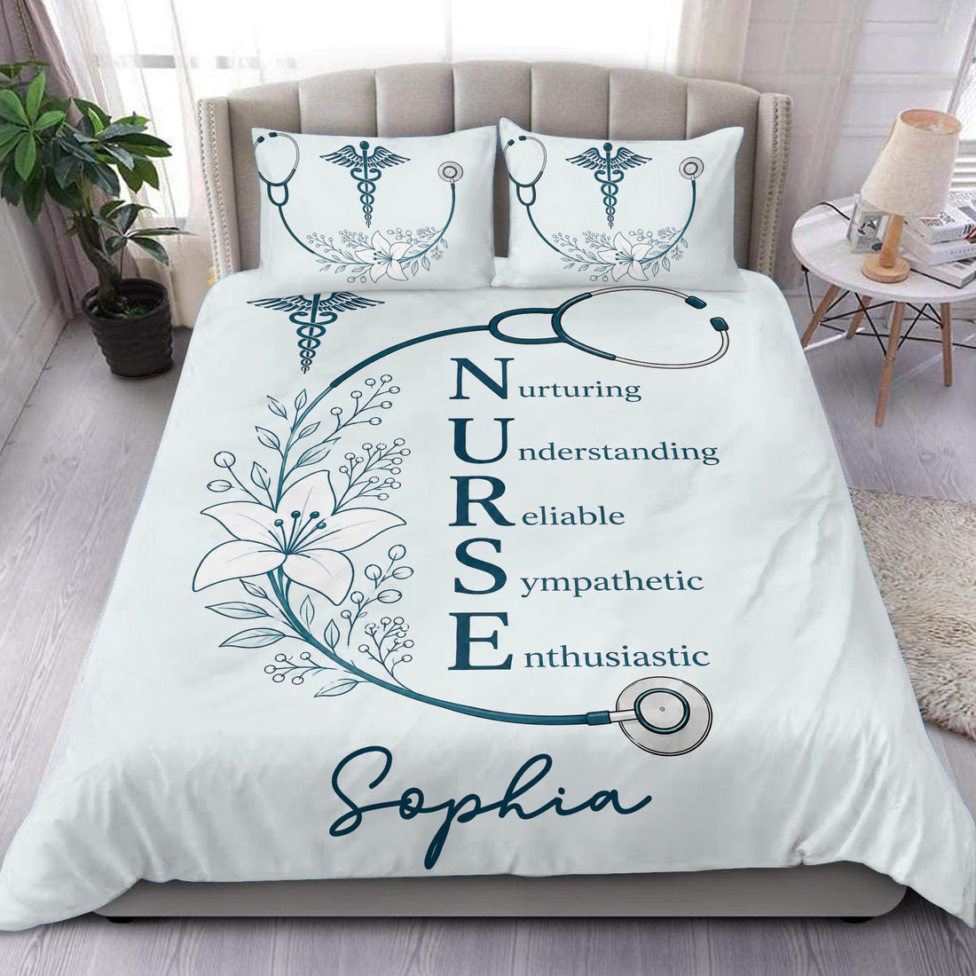 Nurse duvet cover set displayed on a bed with stethoscope, floral medical design, and blue lettering