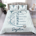 Nurse duvet cover set displayed on a bed with stethoscope, floral medical design, and blue lettering
