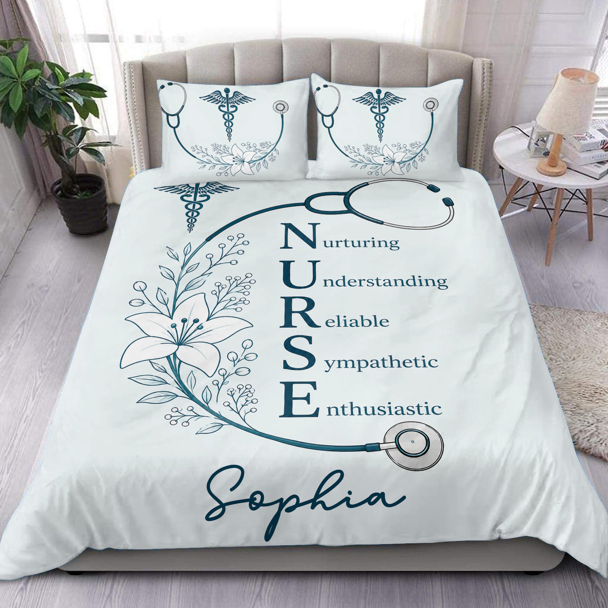 Nurse duvet cover set displayed on a bed with stethoscope, floral medical design, and blue lettering