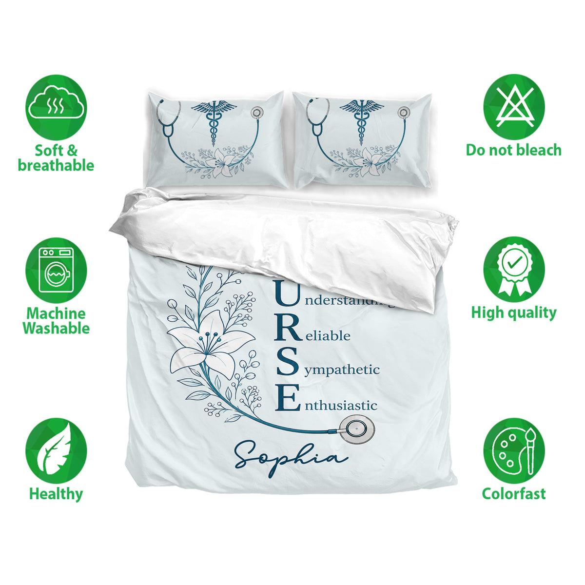 Nurse bedding set shown with stethoscope and floral artwork alongside soft breathable fabric icons