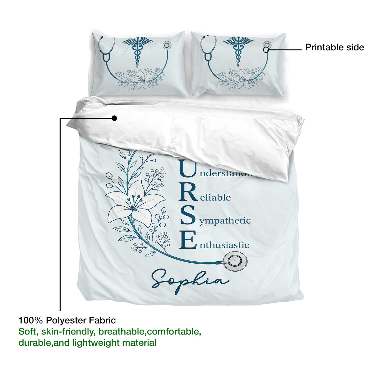 Nurse duvet cover bedding set detail showing the printable side and lightweight polyester fabric
