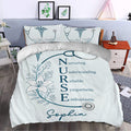 Nurse duvet cover styled in a bedroom with floral stethoscope artwork and calming blue accents