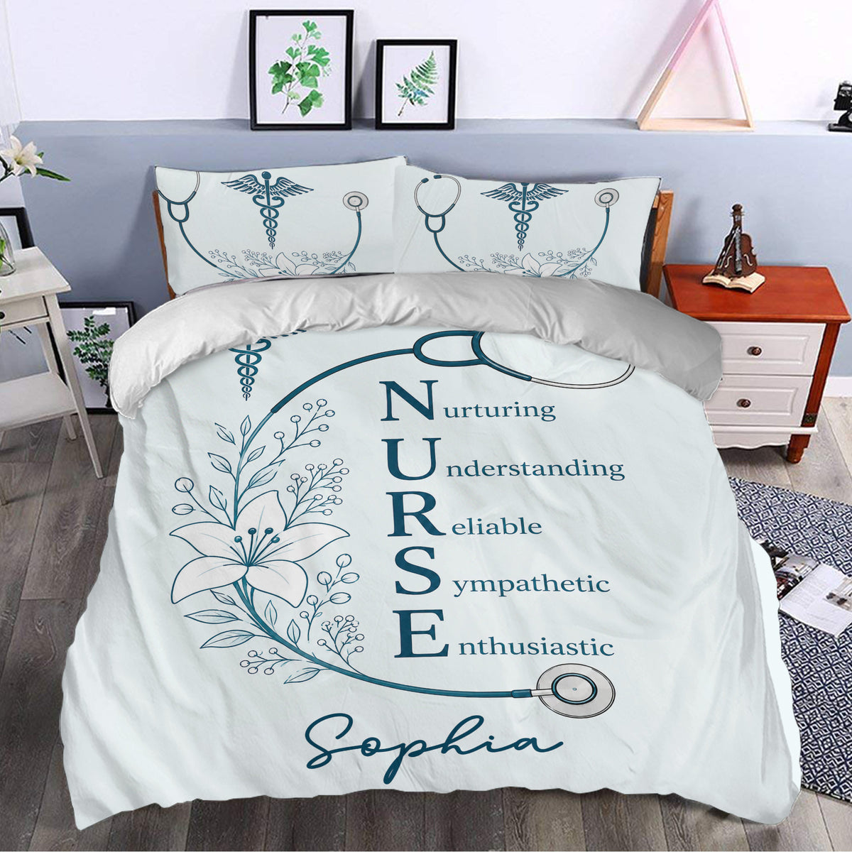 Nurse duvet cover styled in a bedroom with floral stethoscope artwork and calming blue accents