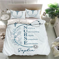 Medical nurse bedding set presented in a bright bedroom with stethoscope and botanical artwork