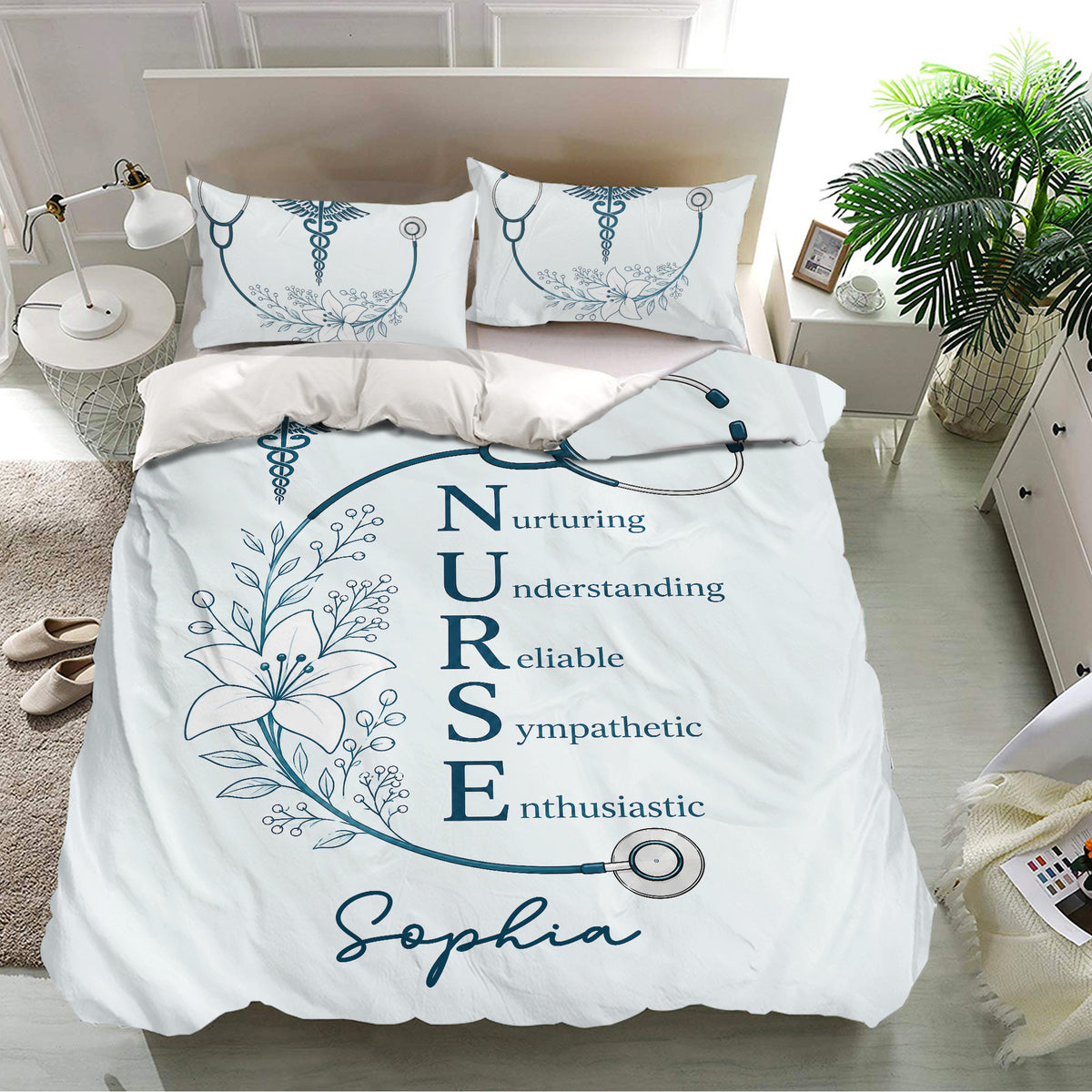 Medical nurse bedding set presented in a bright bedroom with stethoscope and botanical artwork