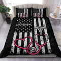 Black nurse duvet cover set with pink stethoscope hearts, medical symbols, stars, and striped patriotic artwork