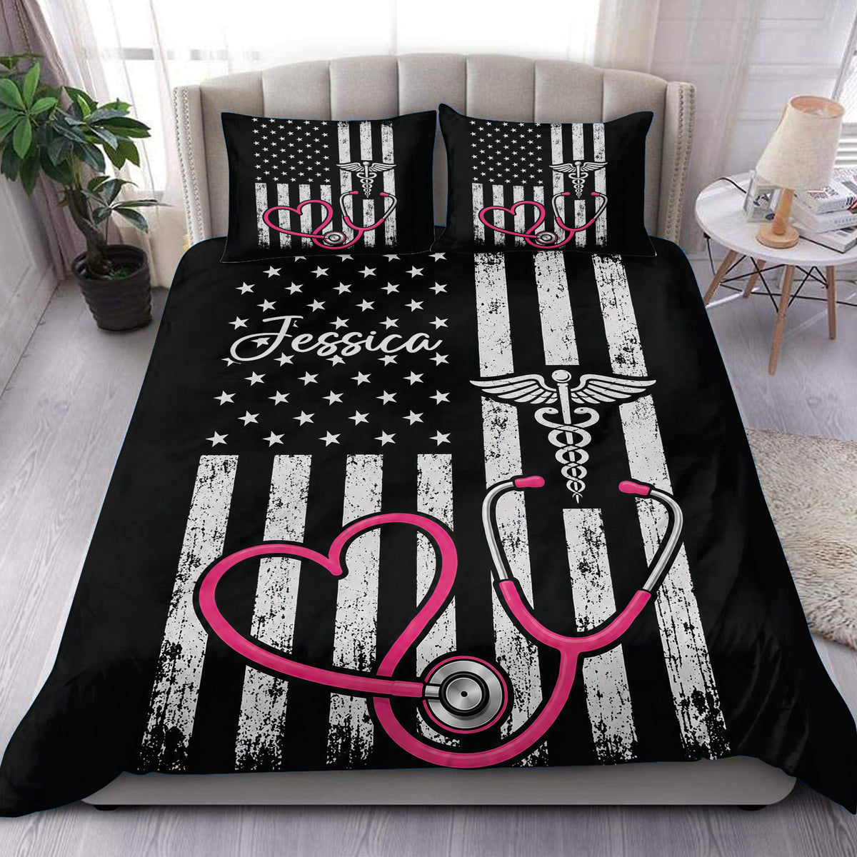 Black nurse duvet cover set with pink stethoscope hearts, medical symbols, stars, and striped patriotic artwork