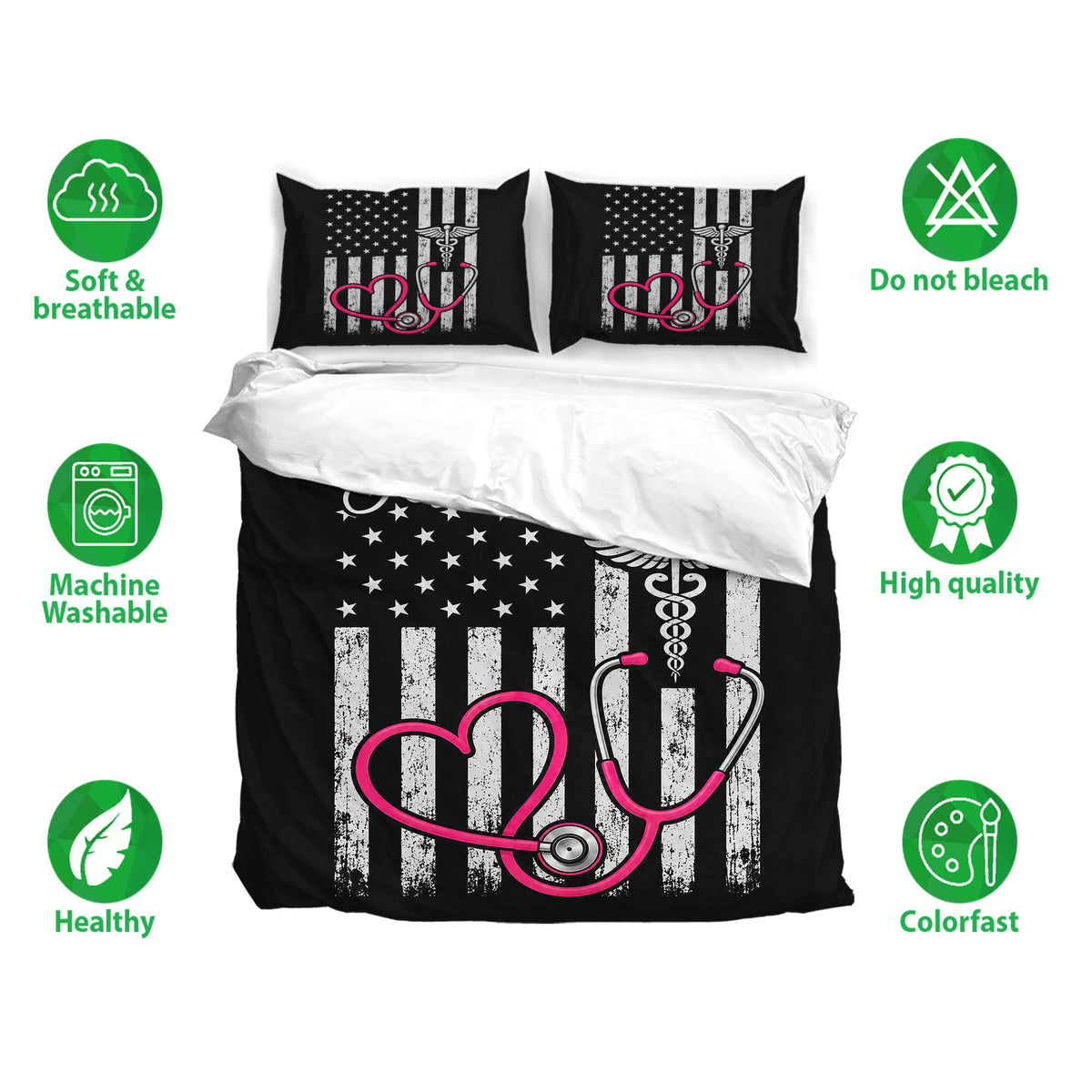 Nurse duvet cover bedding set displayed with matching pillowcases and soft breathable bedding feature icons