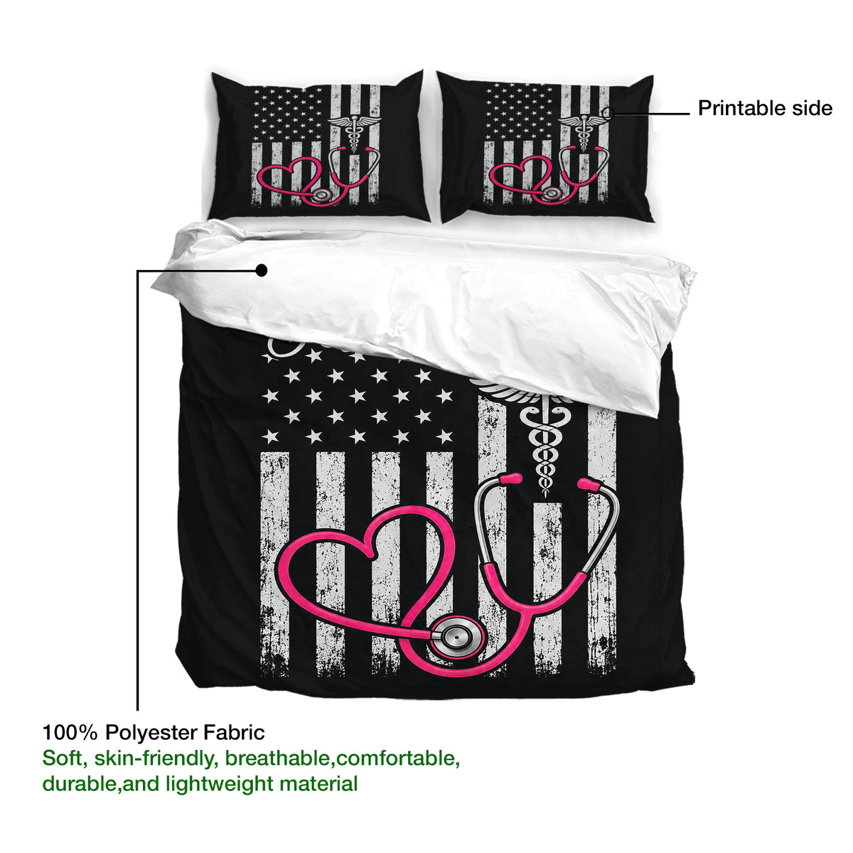 Nurse bedding set showing a black medical design with pink stethoscope artwork and printable fabric surface
