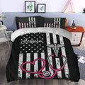 Nurse duvet cover set styled in a bedroom with bold black, white, and pink stethoscope artwork