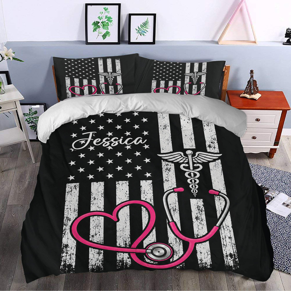 Nurse duvet cover set styled in a bedroom with bold black, white, and pink stethoscope artwork