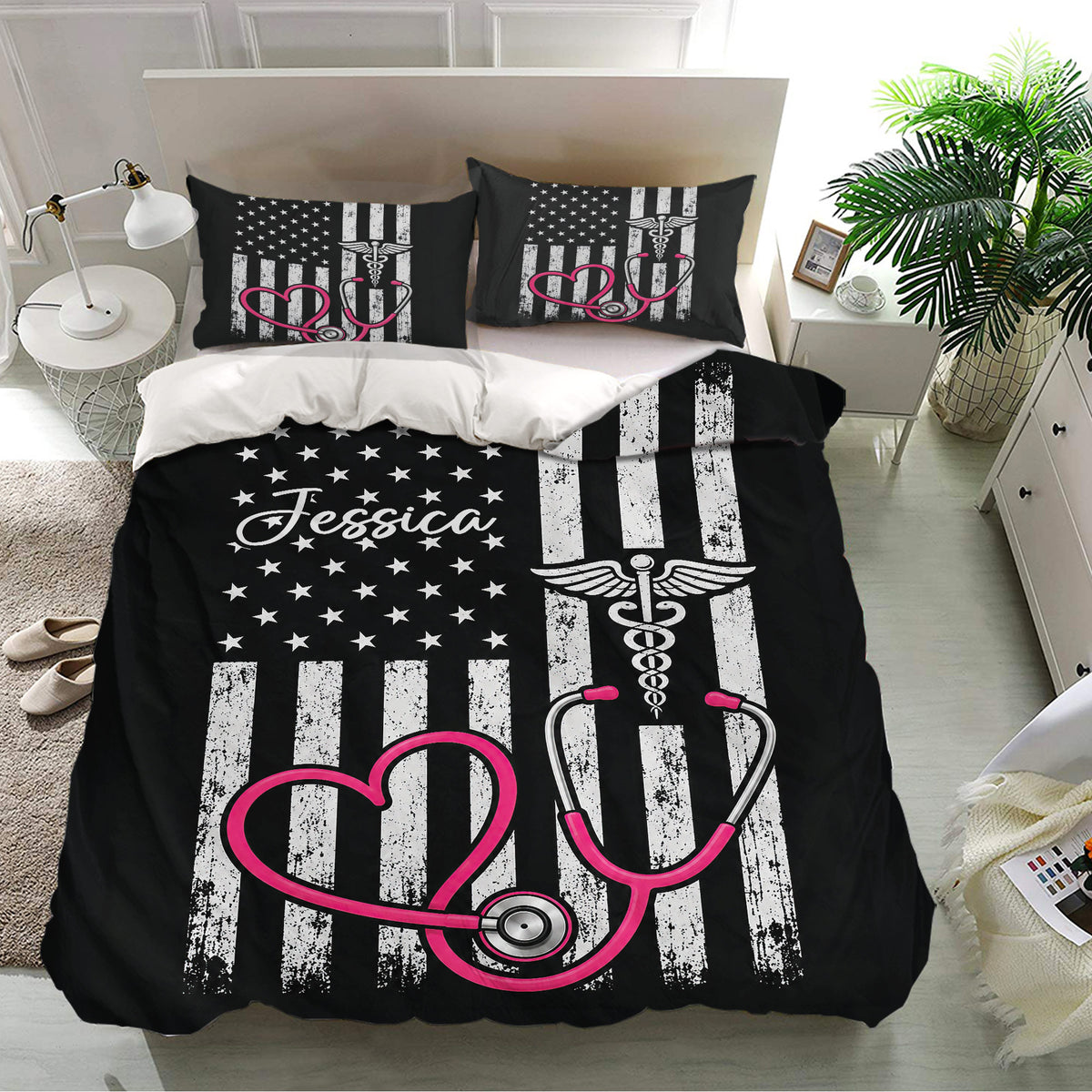 Medical nurse duvet cover bedding set presented in a modern bedroom with matching stethoscope pillowcases