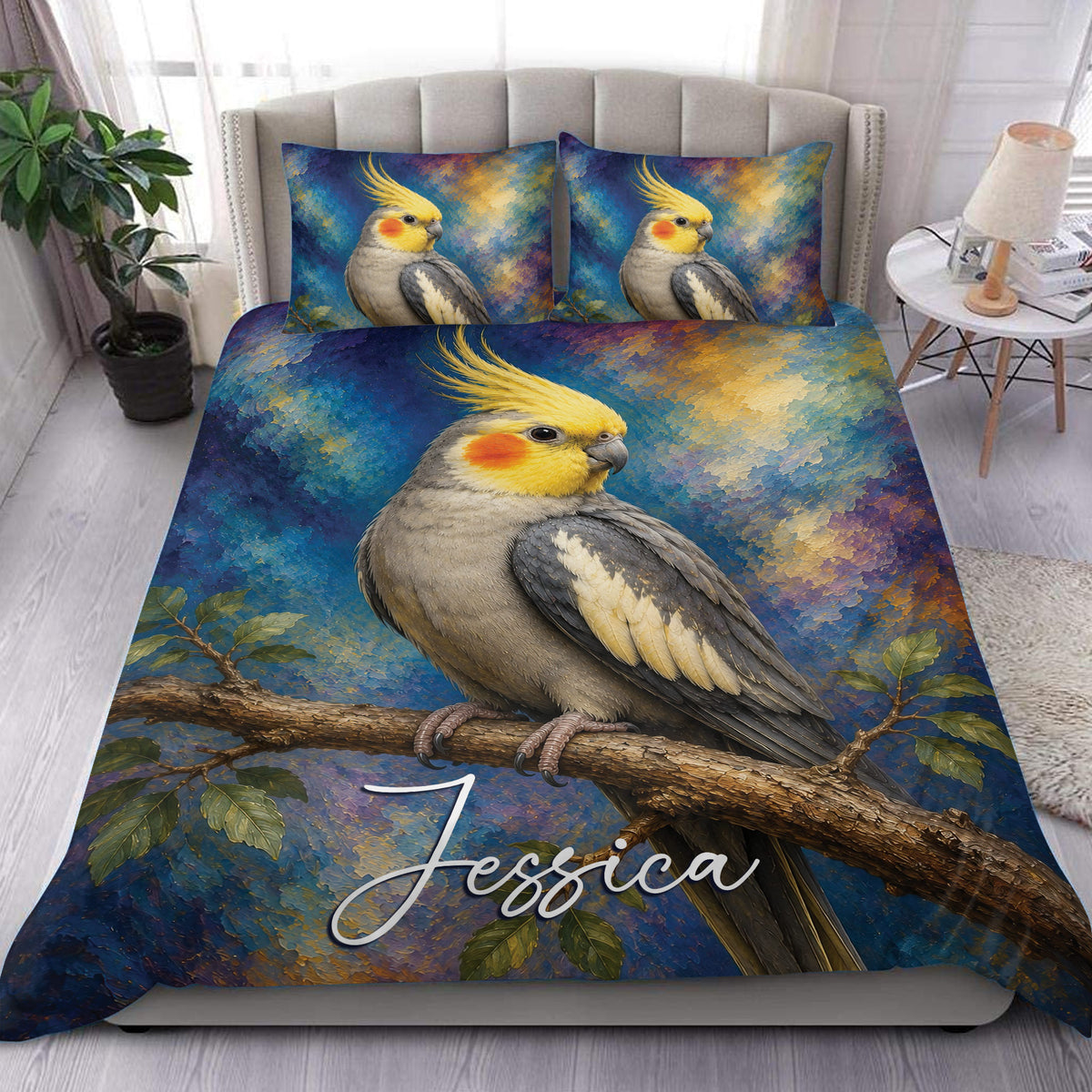 Cockatiel duvet cover set displayed on a bed with painterly blue, gold, and teal bird artwork