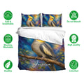 Cockatiel bedding set shown with matching pillowcases, vivid bird artwork, and care feature icons
