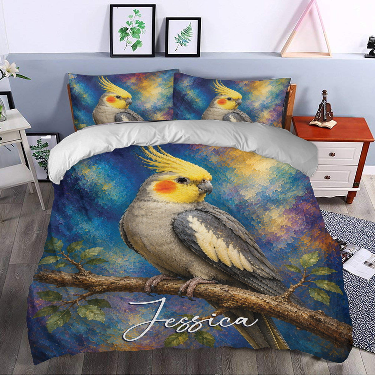 Cockatiel duvet cover set styled in a bedroom with colorful painterly bird and branch artwork