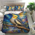 Cockatiel bedding set presented in a bright bedroom with blue and gold bird artwork
