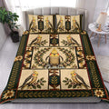 Cockatiel duvet cover set displayed on a bed with floral panels, leafy borders, and warm vintage colors