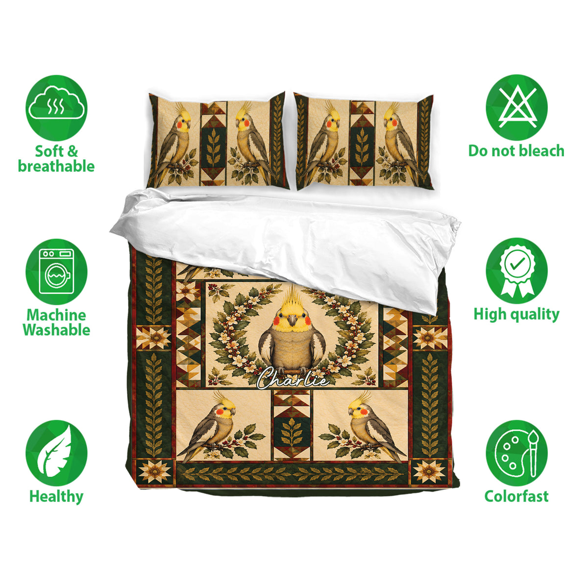 Cockatiel bedding set shown with matching pillowcases and a floral bird design in earthy tones