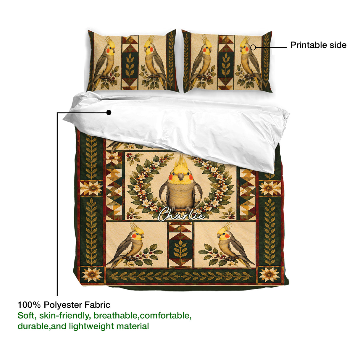 Cockatiel duvet cover bedding set detail showing printed side, soft fabric, and bird artwork