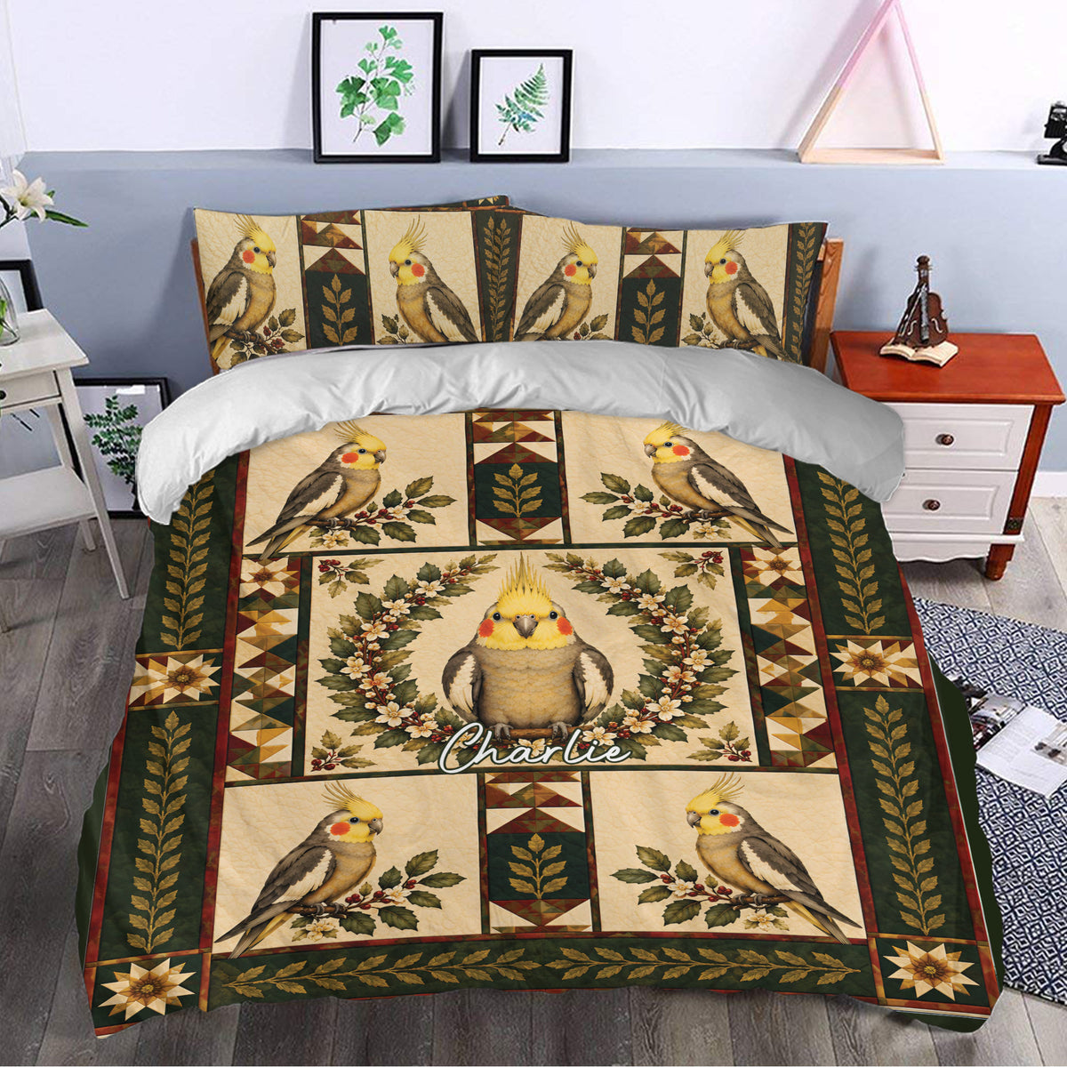 Cockatiel duvet cover styled in a bedroom with matching bird pillowcases and botanical accents