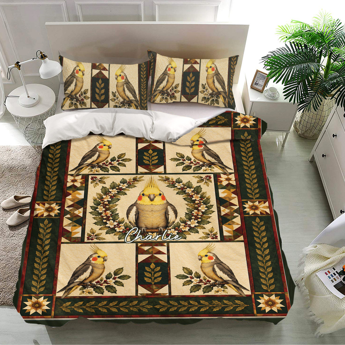 Vintage cockatiel bedding set displayed in a bright bedroom with botanical borders and floral details