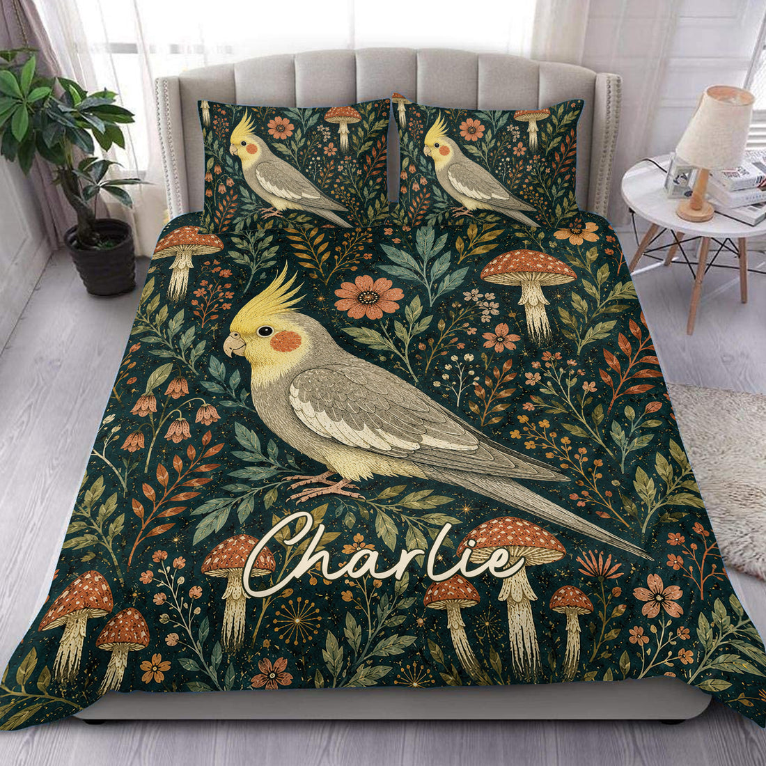 Cockatiel duvet cover set with botanical foliage, mushrooms, and a custom name detail in deep teal