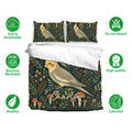Cockatiel bedding set shown with matching pillowcases, botanical artwork, and deep teal floral styling