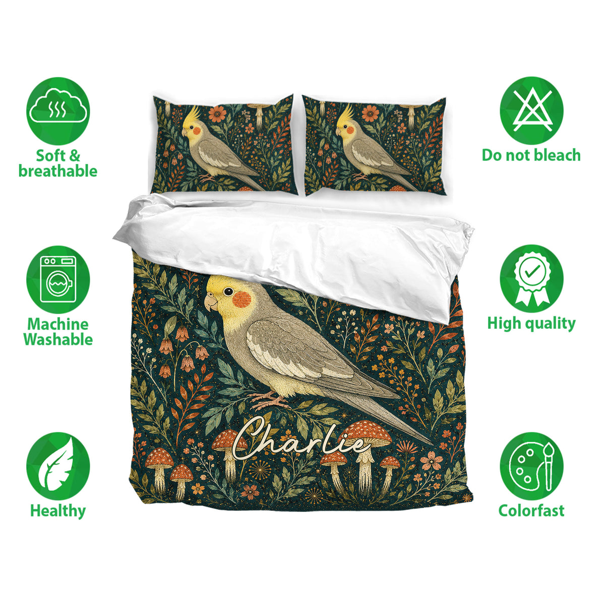 Cockatiel bedding set shown with matching pillowcases, botanical artwork, and deep teal floral styling