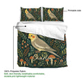 Cockatiel duvet cover and pillowcases displayed with a close view of the printed bird artwork