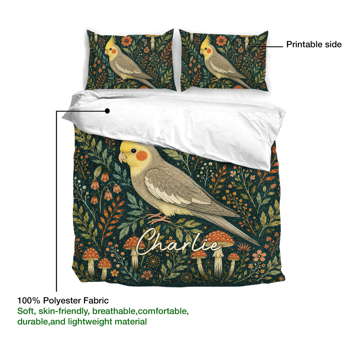 Cockatiel duvet cover and pillowcases displayed with a close view of the printed bird artwork
