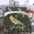 Cockatiel duvet cover set styled in a bedroom with vintage botanical, floral, and mushroom artwork