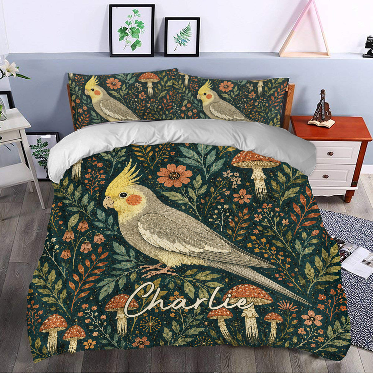 Cockatiel duvet cover set styled in a bedroom with vintage botanical, floral, and mushroom artwork