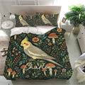 Decorative cockatiel bedding set featuring a large bird, leafy branches, flowers, and mushrooms