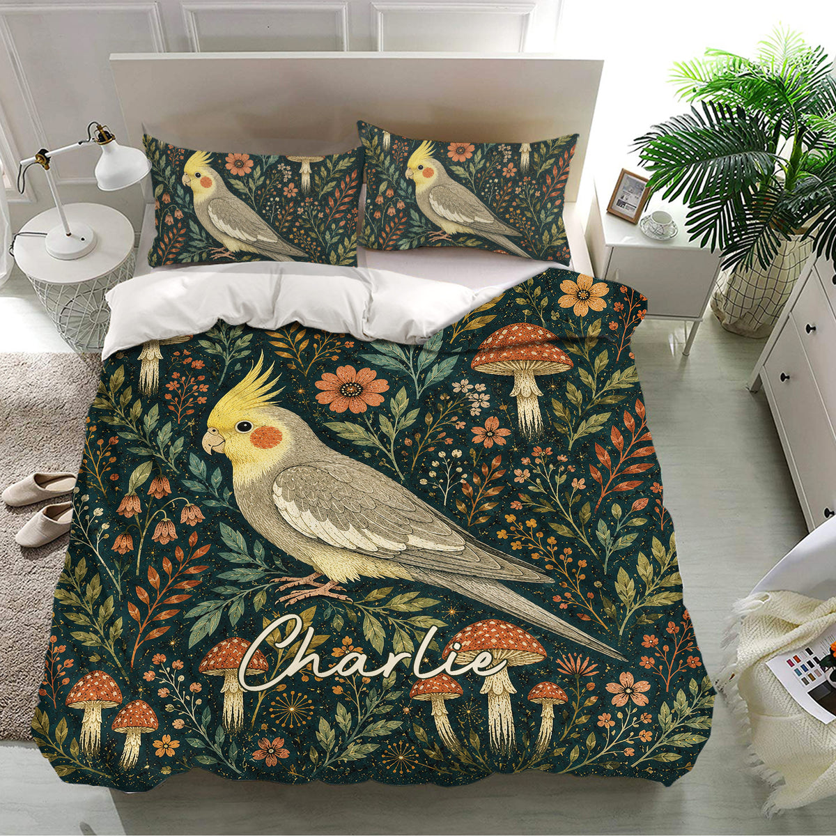 Decorative cockatiel bedding set featuring a large bird, leafy branches, flowers, and mushrooms