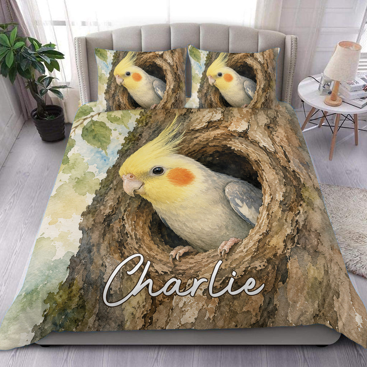 Cockatiel duvet cover bedding set featuring a watercolor bird in a tree hollow with matching pillows