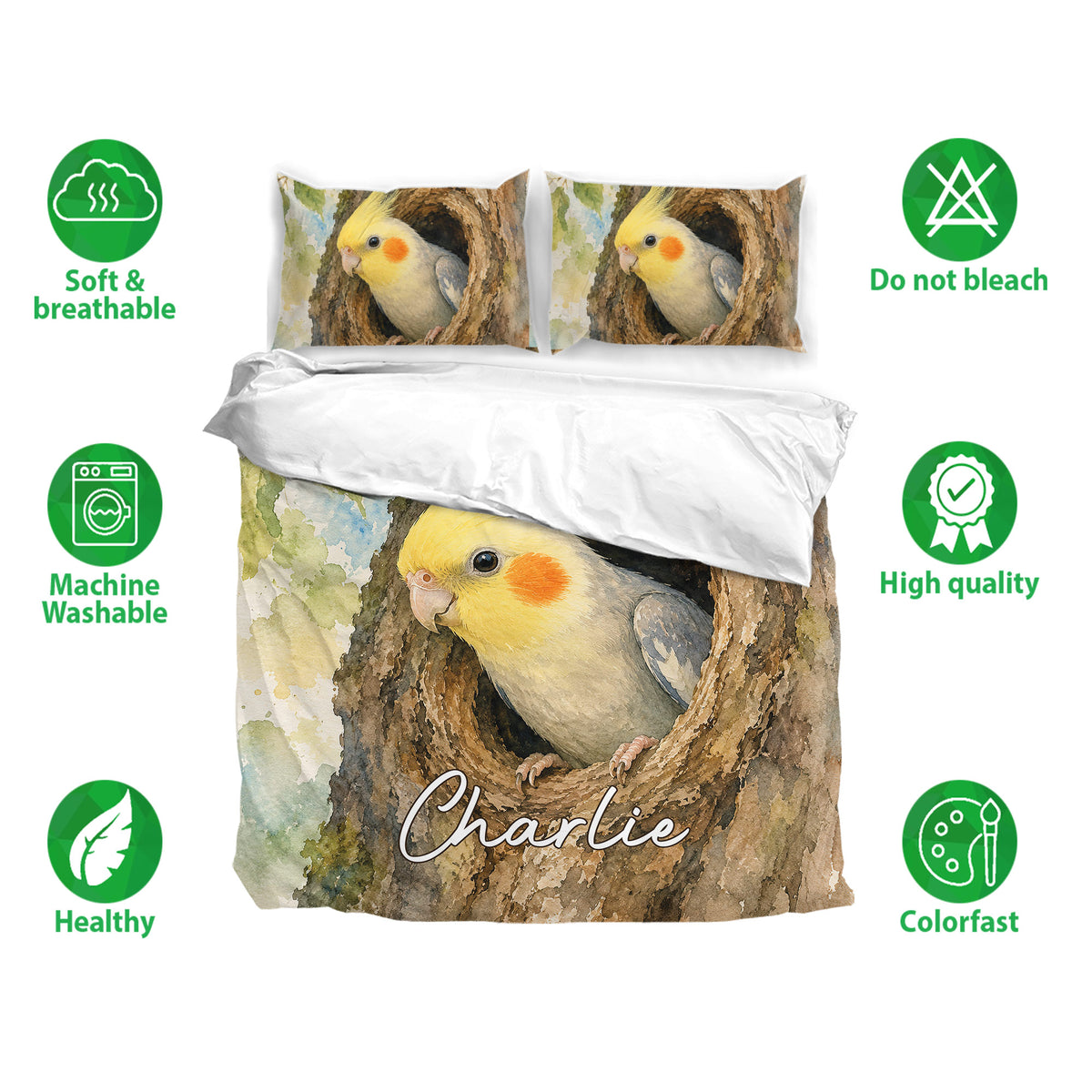 Cockatiel duvet cover bedding set displayed on a bed with matching pillows and watercolor bird artwork