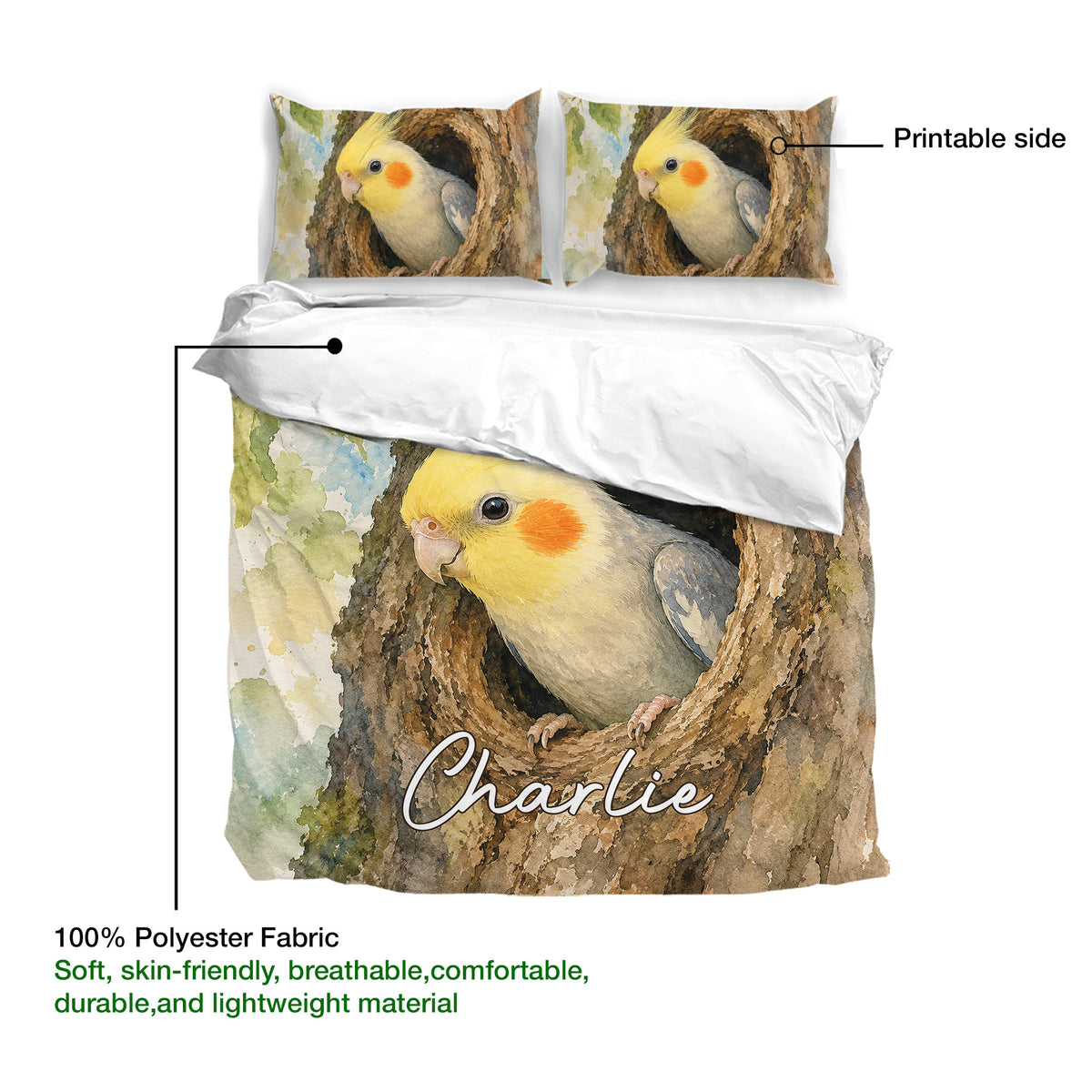 Cockatiel duvet cover bedding set showcasing a close-up watercolor bird design in natural brown and green tones
