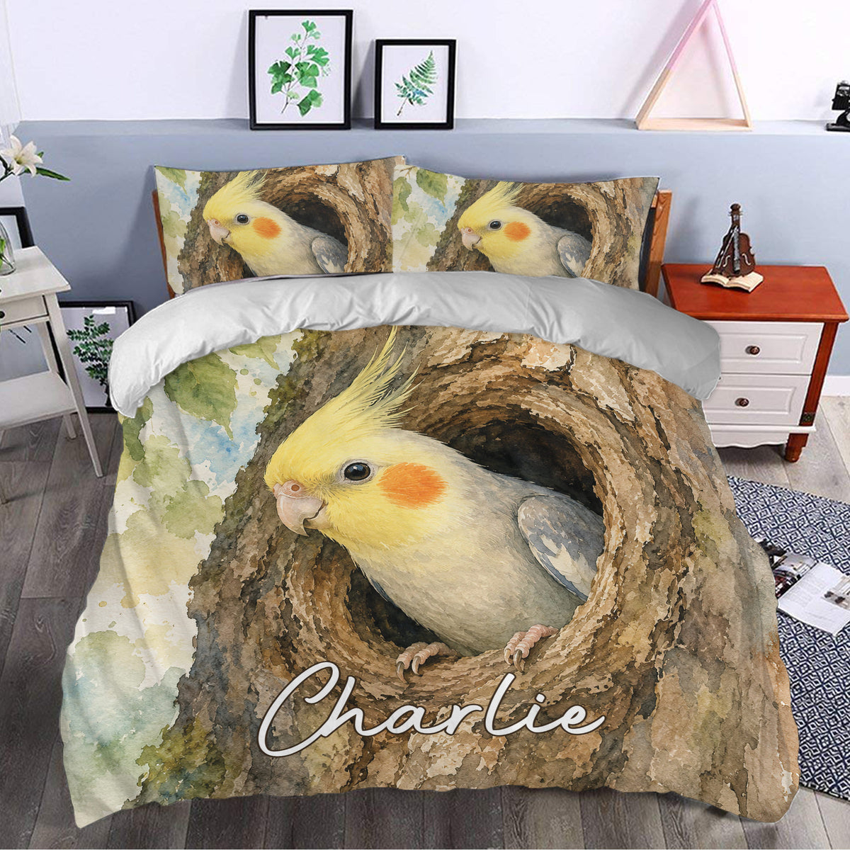 Cockatiel duvet cover bedding set styled in a bedroom with colorful bird artwork and matching pillows