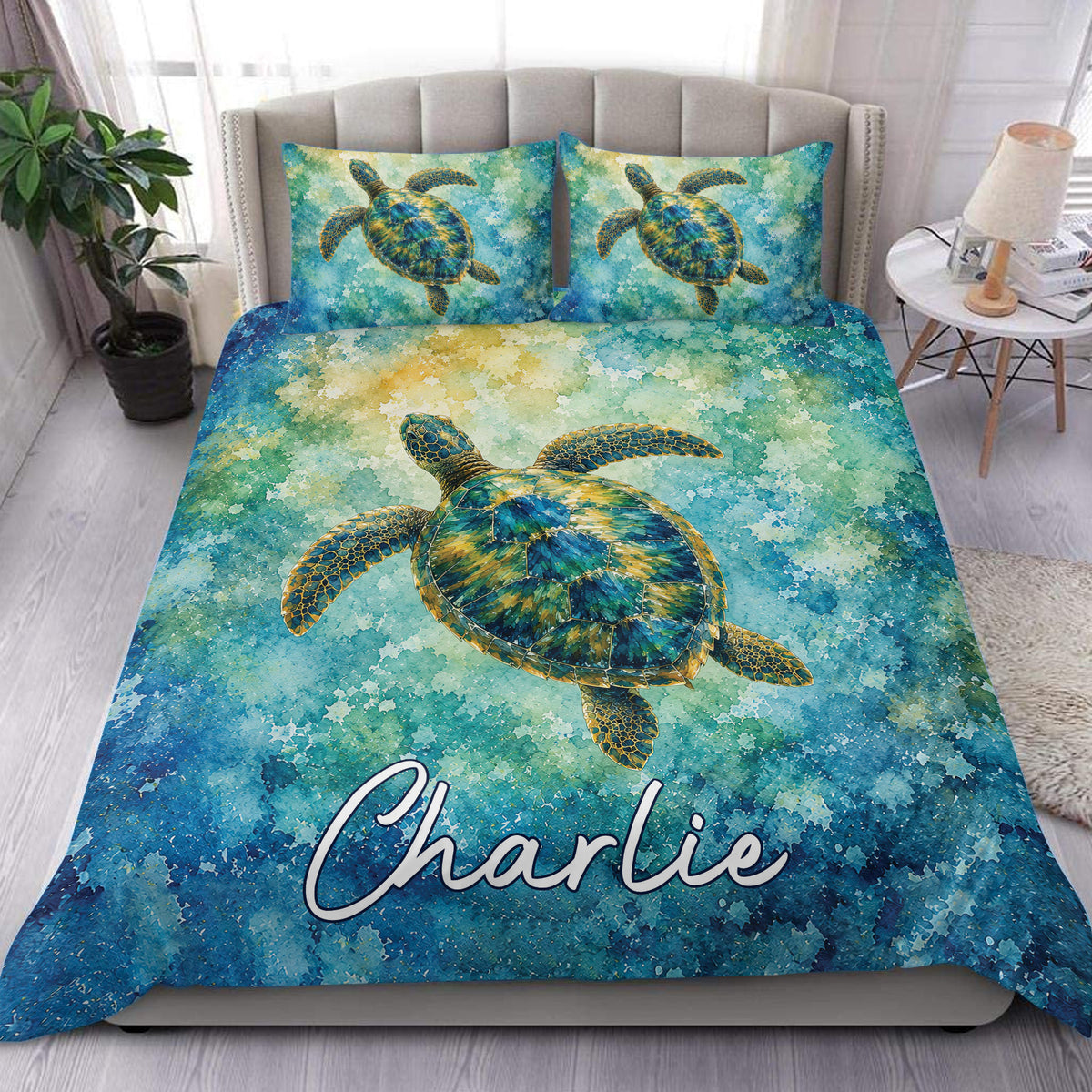 Watercolor sea turtle duvet cover set in vibrant aqua, teal, green, and gold ocean-inspired colors