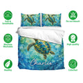 Sea turtle duvet cover bedding set displayed with matching pillowcases and product feature icons