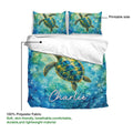Aqua watercolor turtle duvet cover set showing the printed side, fabric detail, and matching pillowcases