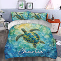 Sea turtle duvet cover bedding set styled in a bright bedroom with ocean-inspired watercolor artwork
