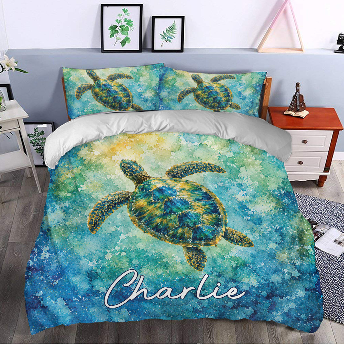 Sea turtle duvet cover bedding set styled in a bright bedroom with ocean-inspired watercolor artwork