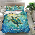 Colorful watercolor sea turtle duvet cover set presented in a modern bedroom with matching pillowcases
